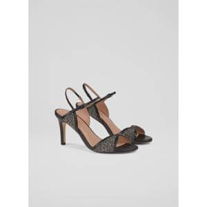 Estelle Black Leather Crystal Detail Heel Sandals